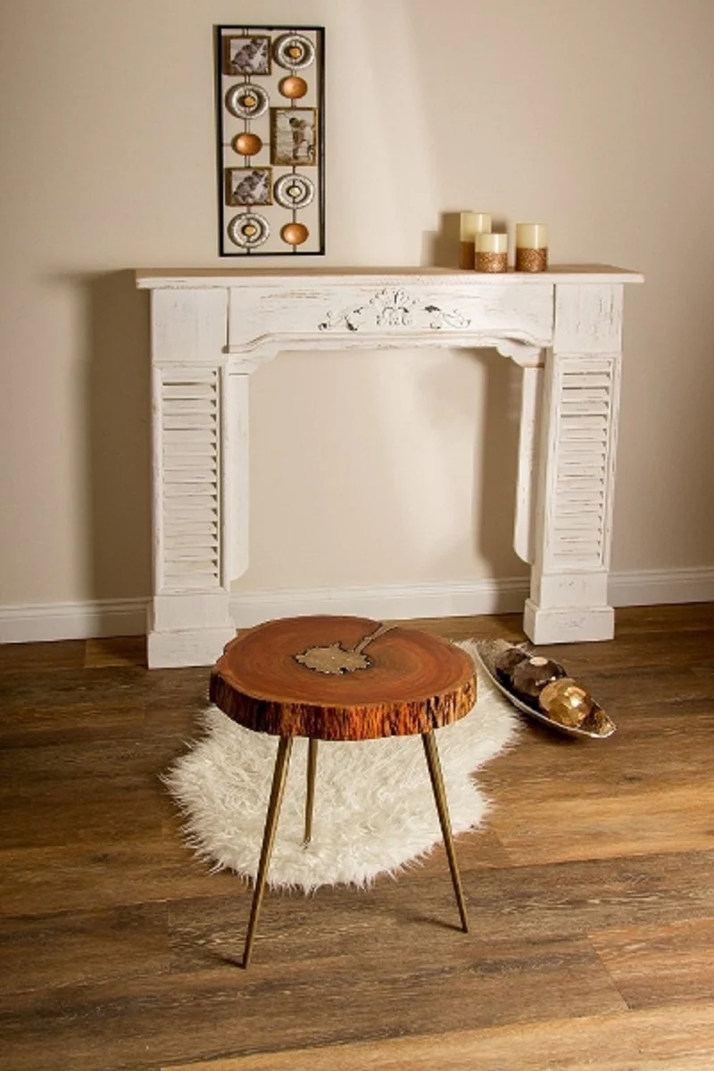 Luxus Dreibein Beistelltisch Braun / Messingfarben 28 x 36 x H. 46 cm - Moderner Tisch im Baumscheiben Design und Messingfüllung