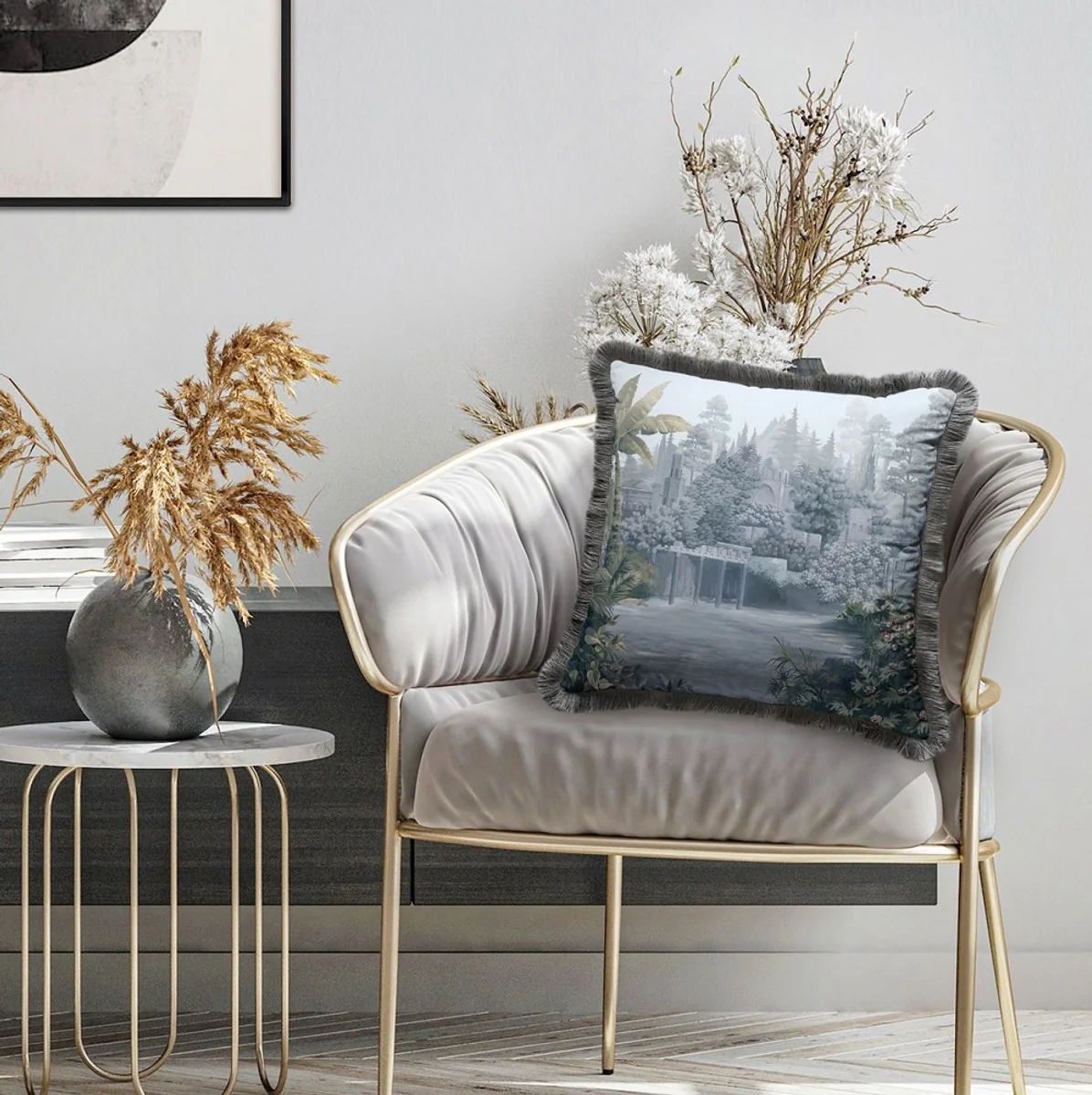 Luxus Deko Kissen antike Landschaft Mehrfarbig / Grau 45 x 45 cm - Bedrucktes Samt Kissen mit Fransen - Luxus Deko Accessoires