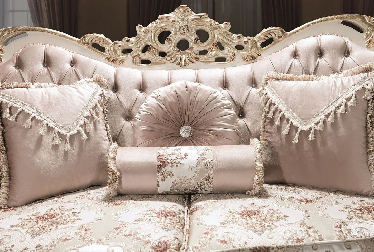 Luxus Barock Sofa Rosa / Weiß / Gold 230 x 100 x H. 110 cm - Wohnzimmer Sofa mit Glitzersteinen und dekorativen Kissen - Barockmöbel