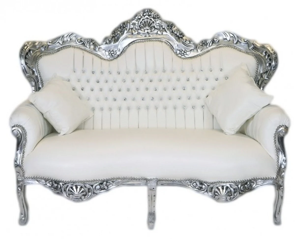 Barock 2er Sofa Master Weiß Lederoptik / Silber - Wohnzimmer Couch Möbel Lounge