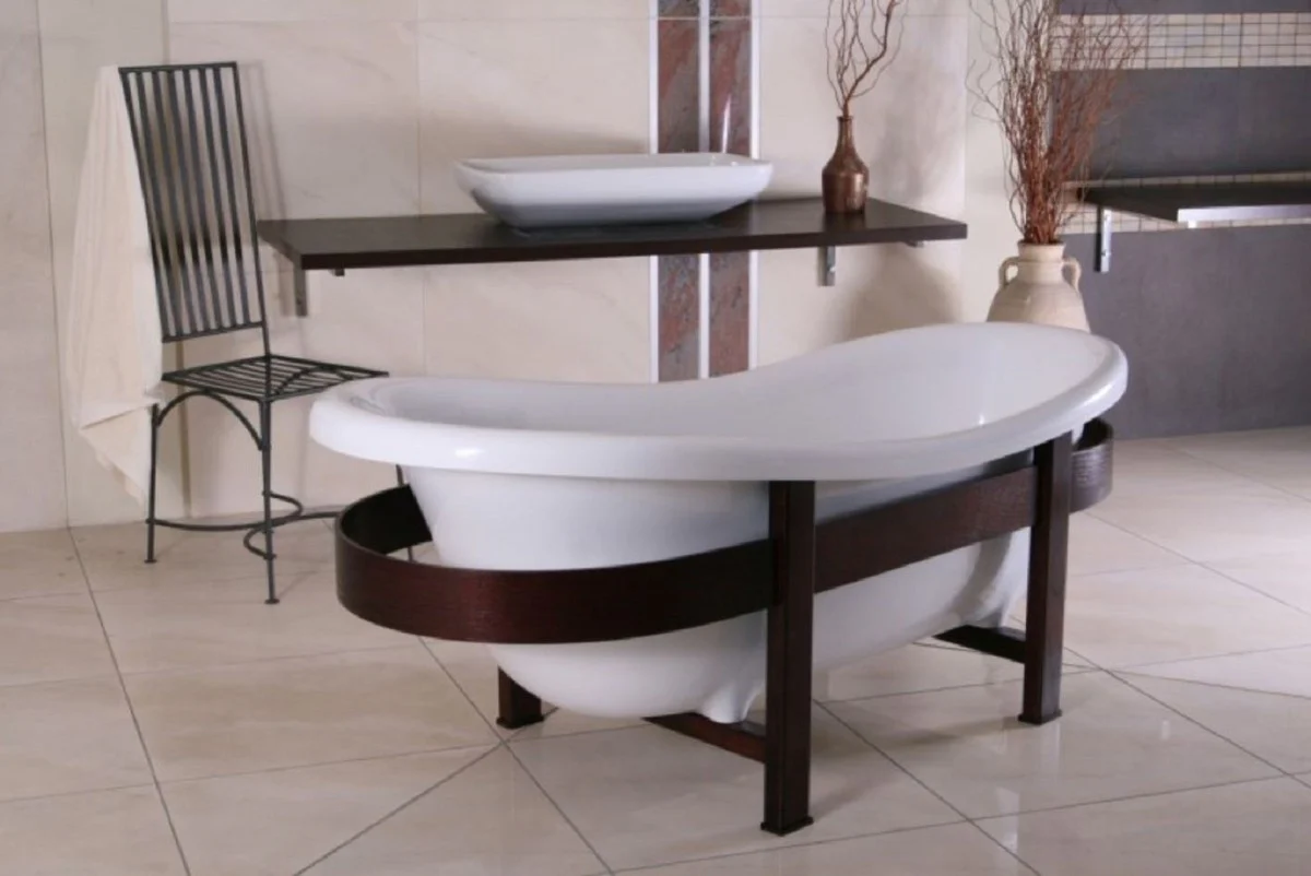 Luxus Retro Badewanne Weiß / Dunkelbraun 178 x 76 x H. 73 cm - Freistehende Badewanne mit Holzrahmen - Retro Badezimmer Möbel
