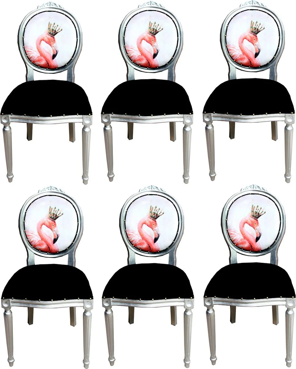 Luxus Barock Esszimmer Set Flamingo mit Krone Schwarz / Mehrfarbig / Silber 48 x 50 x H. 98 cm - 6 handgefertigte Esszimmerstühle mit Bling Bling Glitzersteinen - Barock Esszimmermöbel