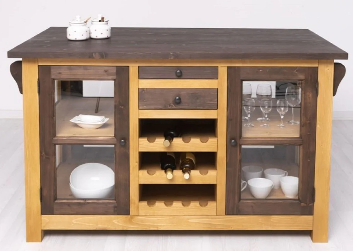 Landhausstil Kücheninsel Braun / Naturfarben 150 x 90 x H. 90 cm - Massivholz Küchenschrank - Landhausstil Massivholz Küchen Möbel - Massivholz Esszimmer Möbel im Landhausstil