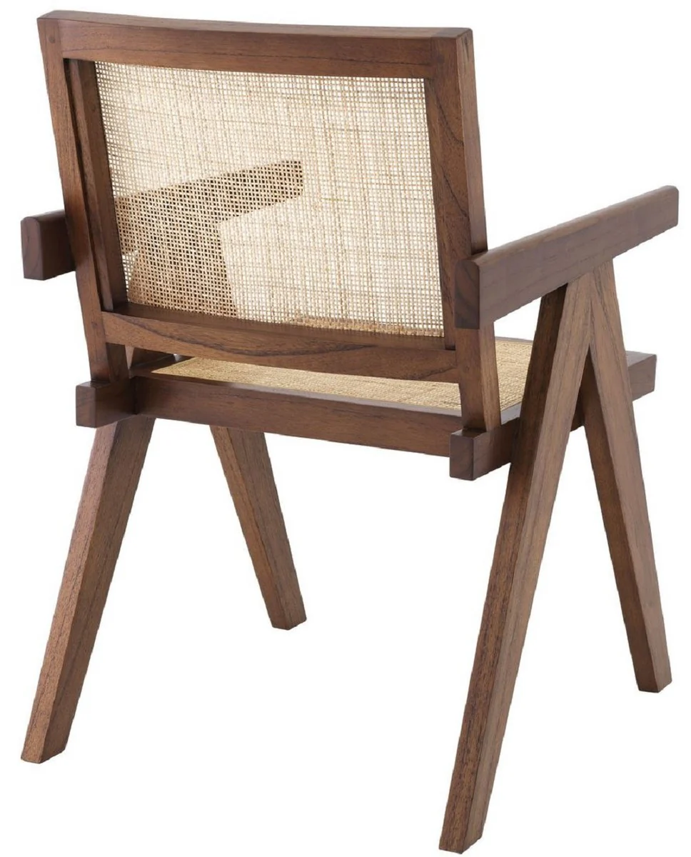 Luxus Esszimmerstuhl Braun / Naturfarben 57 x 65,5 x H. 90 cm - Massivholz Stuhl mit Armlehnen und handgewebtem Rattangeflecht - Luxus Esszimmer Möbel