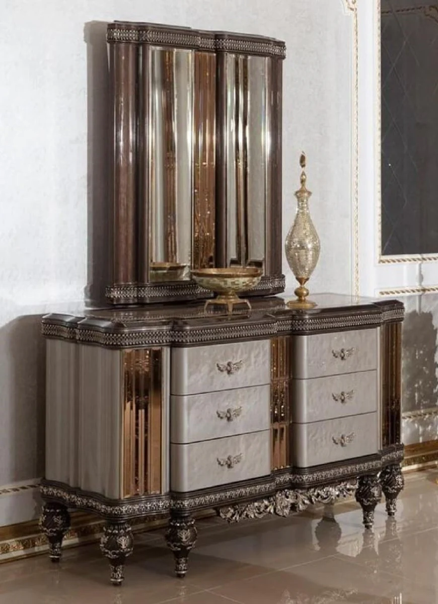 Luxus Barock Kommode mit Spiegel Grau / Dunkelbraun / Gold - Barockstil Schlafzimmer Kommode mit Spiegel - Luxus Schlafzimmer Möbel im Barockstil - Barock Möbel - Edel & Prunkvoll
