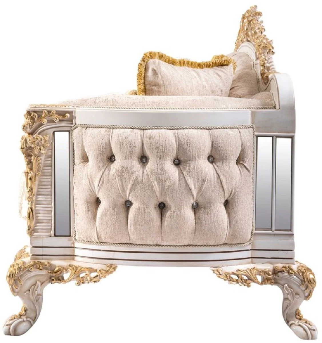 Luxus Barock Wohnzimmer Set Beige / Weiß / Gold - 2 Barock Sofas & 2 Barock Sessel & 1 Barock Couchtisch - Luxus Wohnzimmer Möbel im Barockstil - Barock Möbel - Edel & Prunkvoll