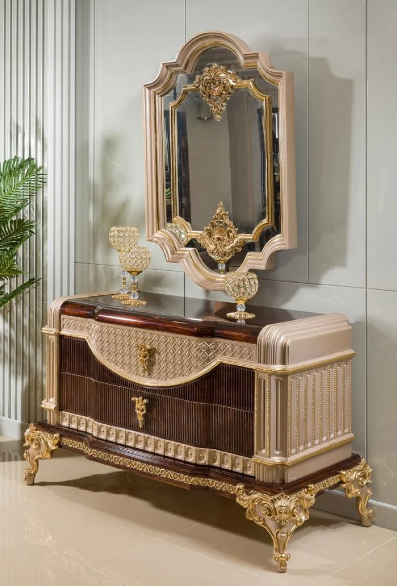 Luxus Barock Kommode mit Spiegel Dunkelbraun / Grau / Gold - Barock Möbel