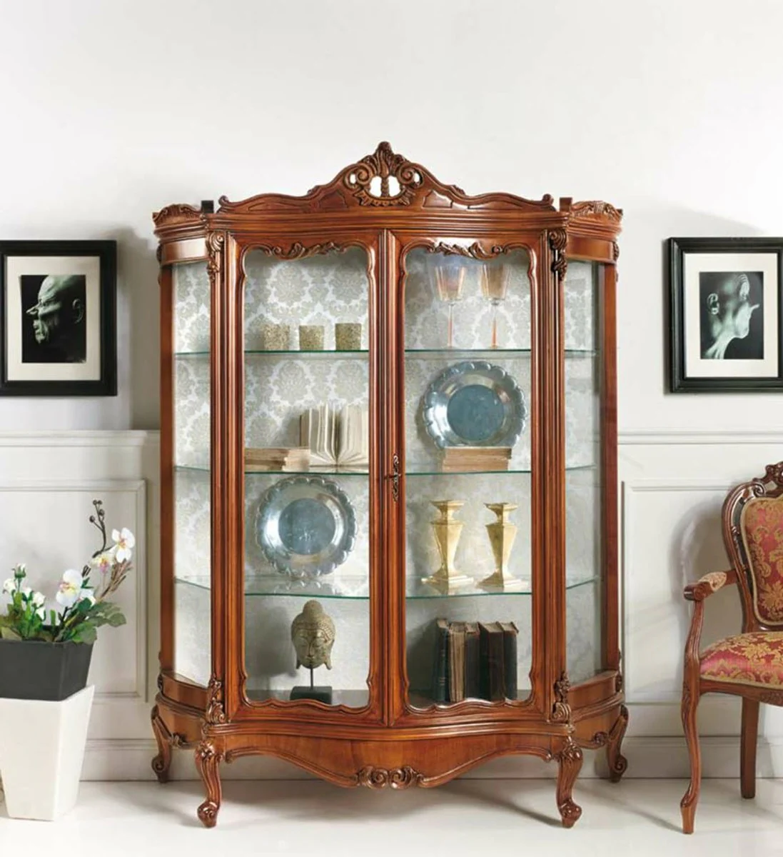 Luxus Barock Vitrine Braun H. 190 cm - Barock Möbel - Made in Italy