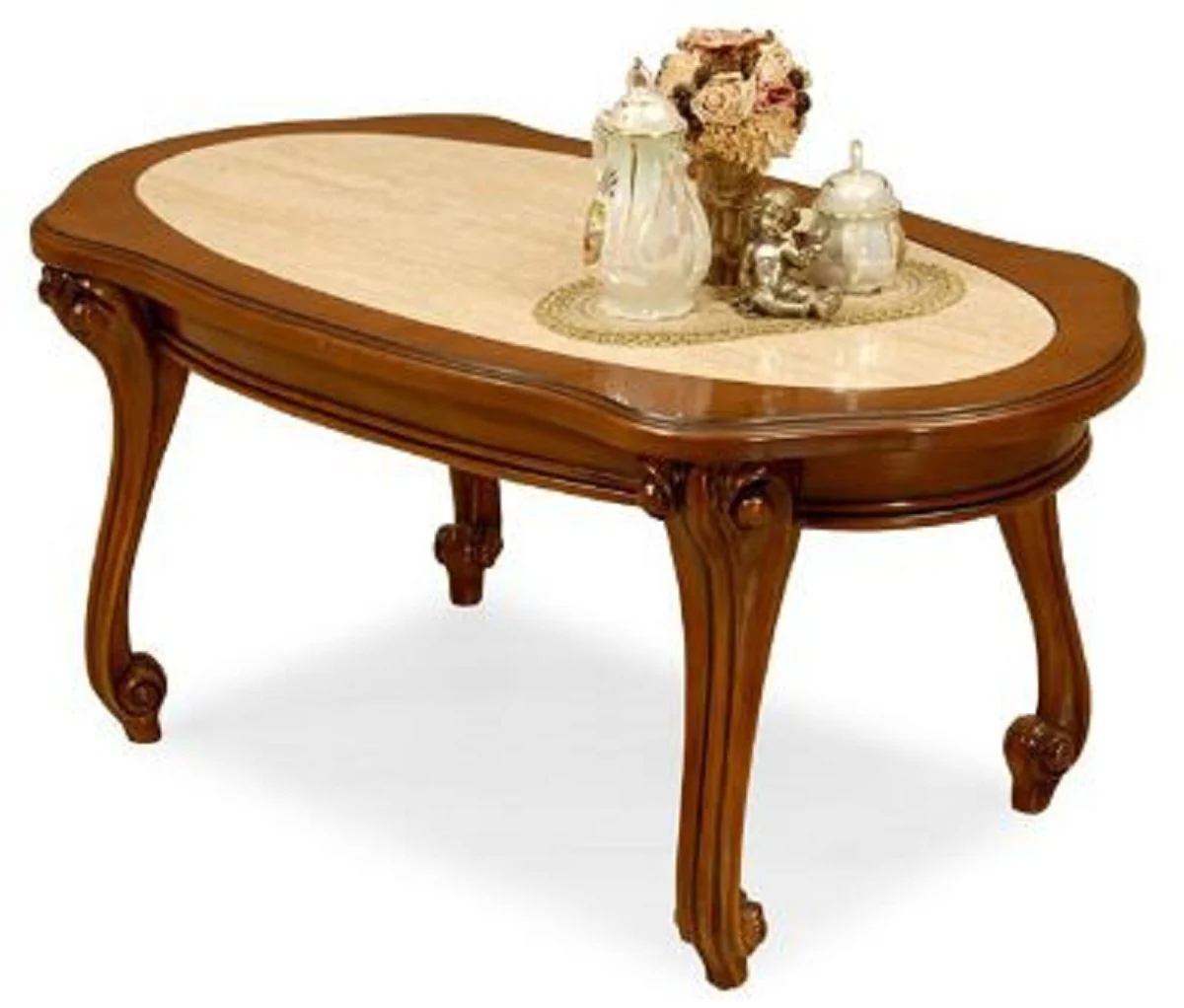 Luxus Barock Couchtisch Creme / Braun - Handgefertigter Massivholz Wohnzimmertisch im Barockstil - Luxus Wohnzimmer Möbel im Barockstil - Barock Möbel - Edel & Prunkvoll