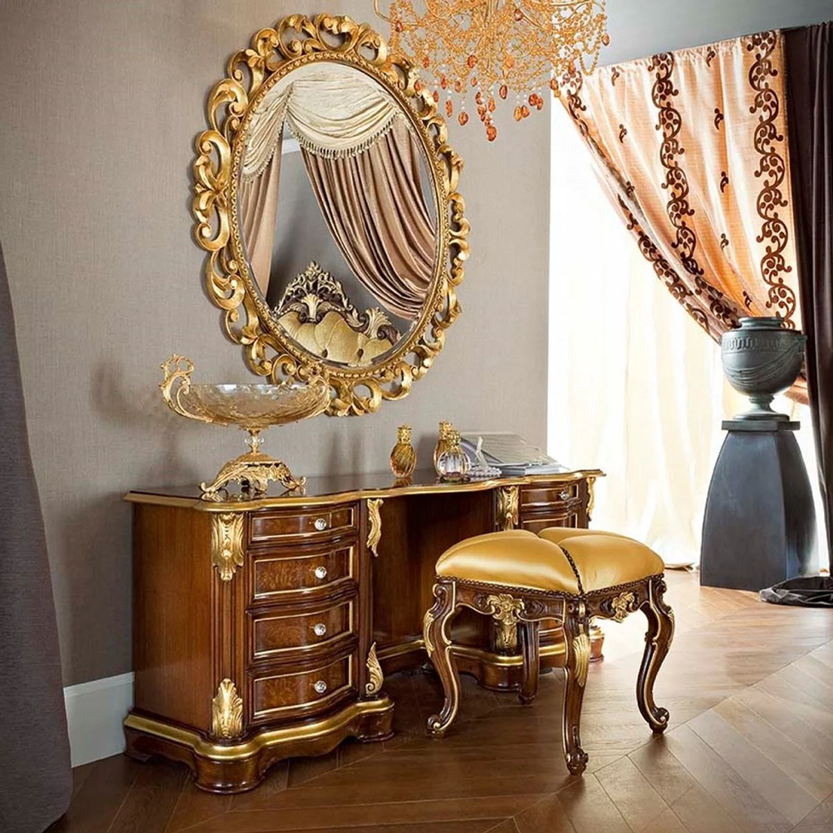 Luxus Barock Wandspiegel Gold - Runder Barockstil Spiegel - Italienischer Barock Schlafzimmer Spiegel - Luxus Qualität - Made in Italy