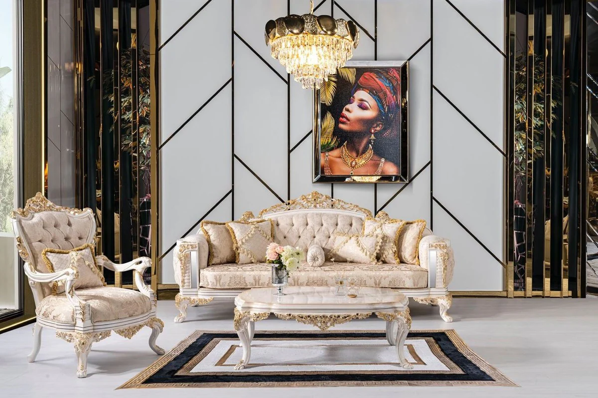 Luxus Barock Couchtisch Beige / Weiß / Gold - Prunkvoller Wohnzimmertisch im Barockstil - Barockstil Wohnzimmer Möbel - Barock Einrichtung - Barock Möbel - Luxus Möbel im Barockstil