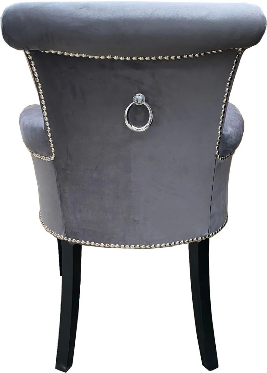 Luxus Esszimmerstuhl 4er Set Grau / Schwarz - Massivholz Küchenstühle mit Armlehnen und edlem Samtstoff - Luxus Esszimmer & Restaurant Möbel