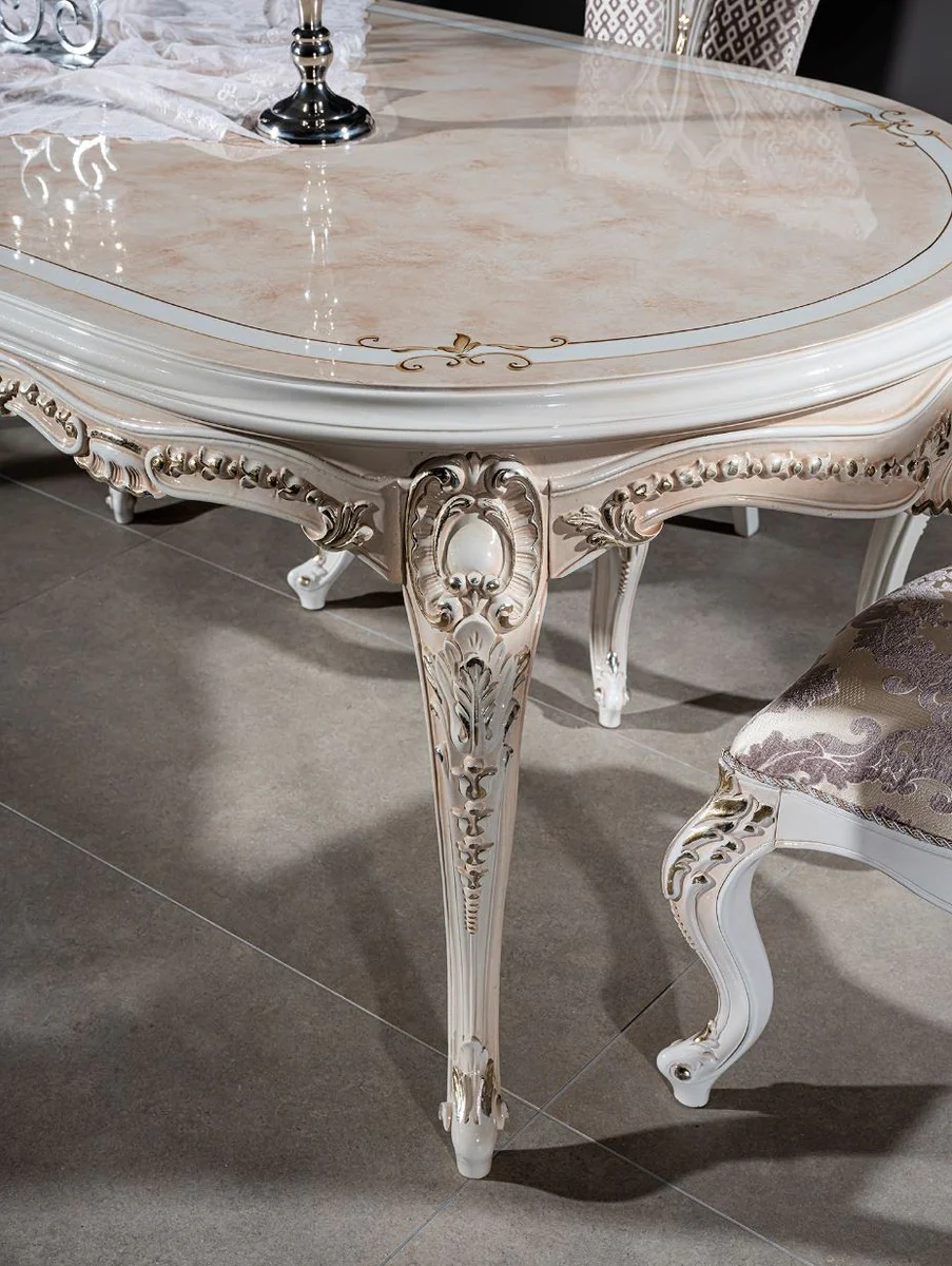 Luxus Barock Esstisch Beige / Weiß / Gold 247 x 110 x H. 80 cm - Ovaler Massivholz Esszimmertisch - Barock Esszimmer Möbel - Edel & Prunkvoll