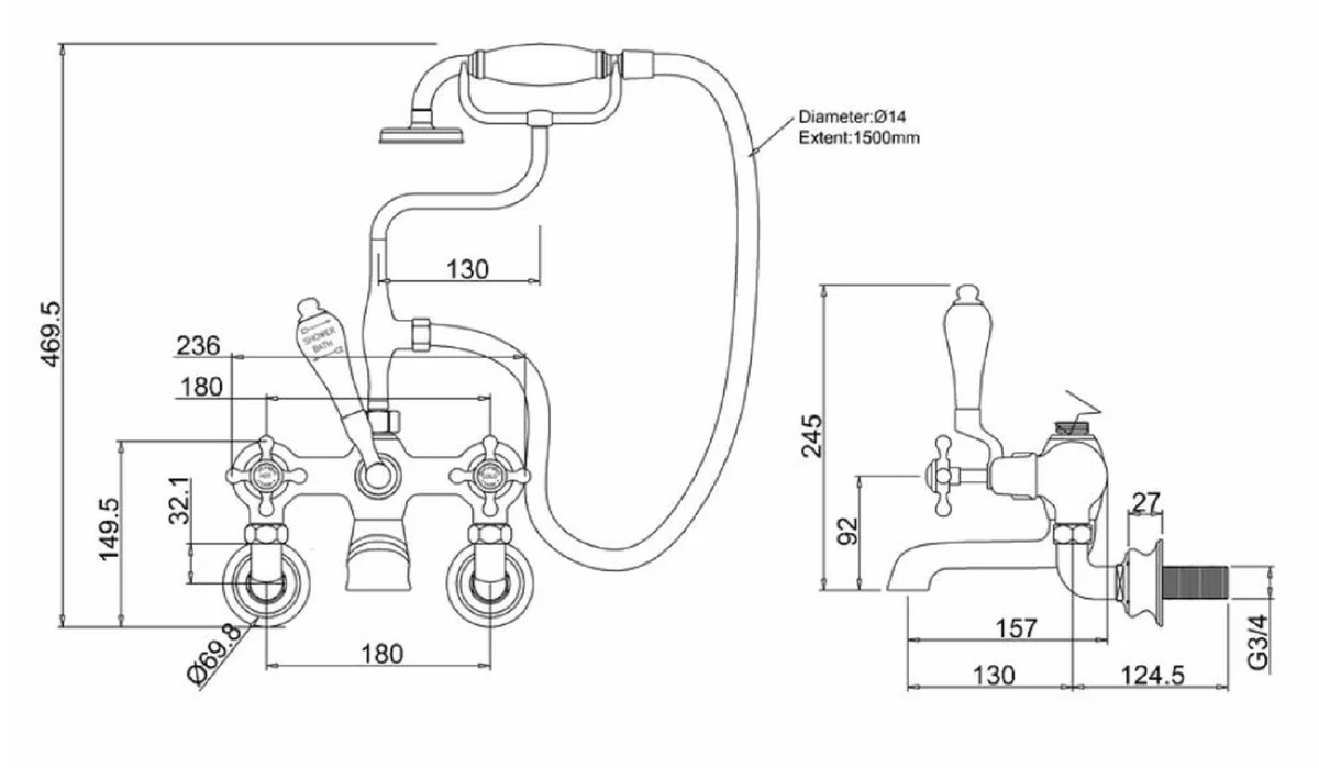Luxus Jugendstil Aufputz Badewannenarmatur Silber / Cremefarben H. 46,95 cm - Nostalgische Messing Badewannen Armatur mit Handbrause - Nostalgisches Badezimmer Zubehör