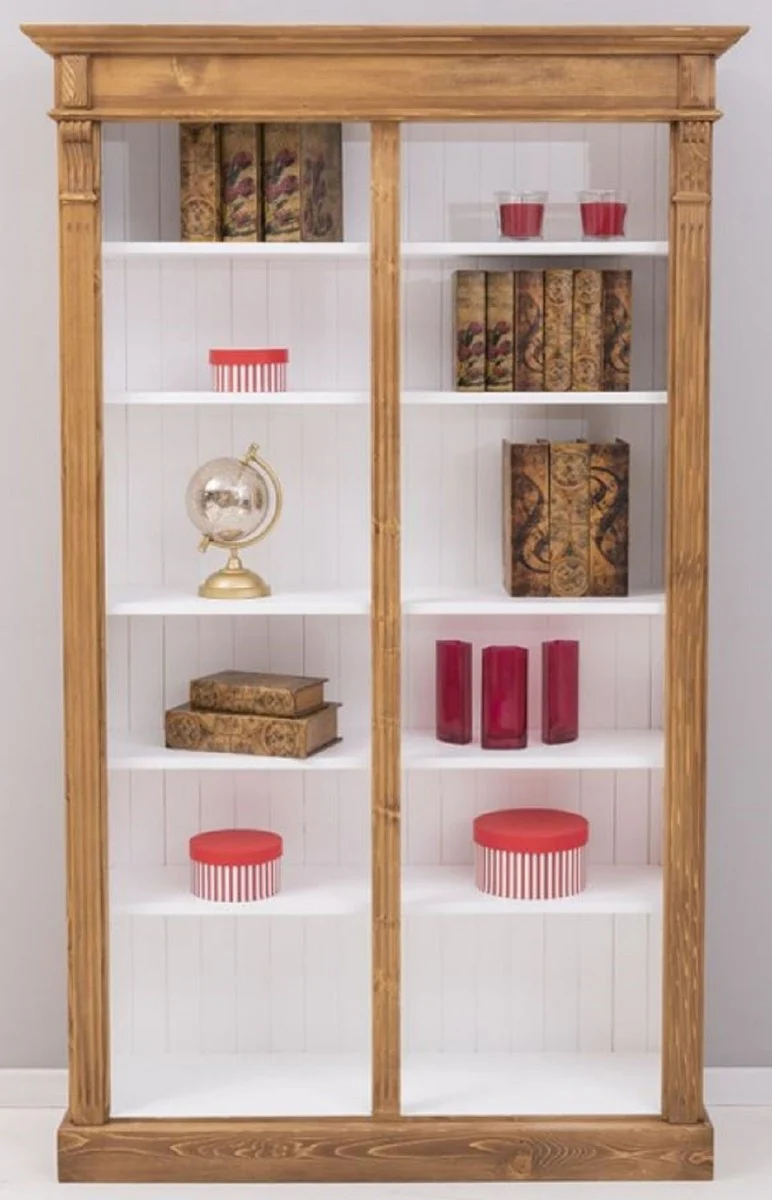 Landhausstil Bücherschrank Braun / Weiß 120 x 39 x H. 197 cm - Massivholz Schrank - Regalschrank - Wohnzimmerschrank - Büroschrank - Landhausstil Möbel