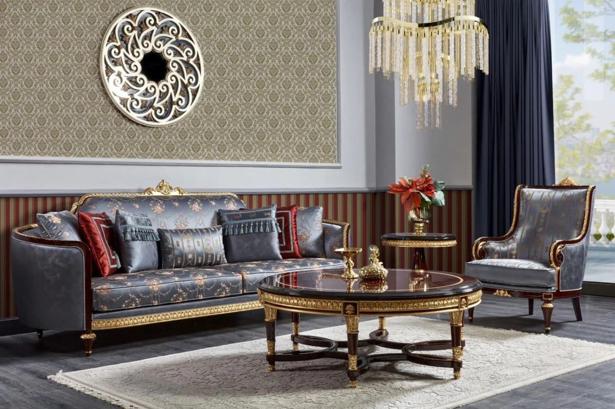 Luxus Barock Sofa Blau / Dunkelbraun / Gold - Prunkvolles Wohnzimmer Sofa - Barockstil Wohnzimmer Möbel - Luxus Möbel im Barockstil - Barock Einrichtung - Edel & Prunkvoll
