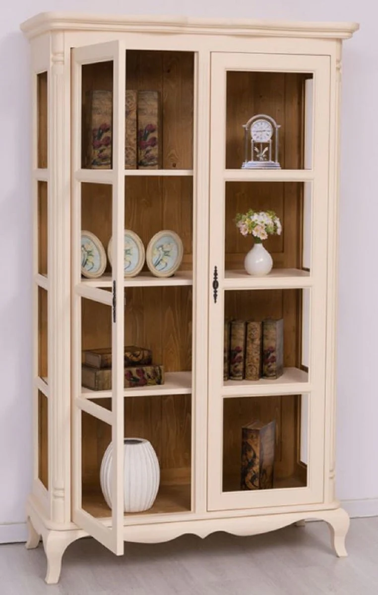 Landhausstil Vitrine Creme / Braun 112 x 49 x H. 190 cm - Massivholz Schrank mit 2 Glastüren - Massivholz Möbel - Landhausstil Möbel - Landhausstil Einrichtung