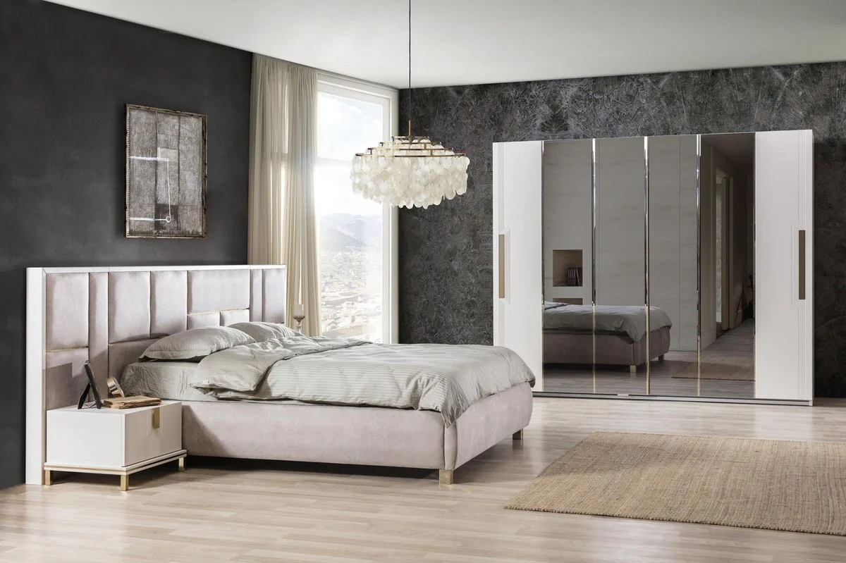 Luxus Massivholz Schlafzimmer Set Grau / Weiß / Gold - 1 Doppelbett mit Kopfteil & 2 Nachttische - Luxus Schlafzimmer Möbel