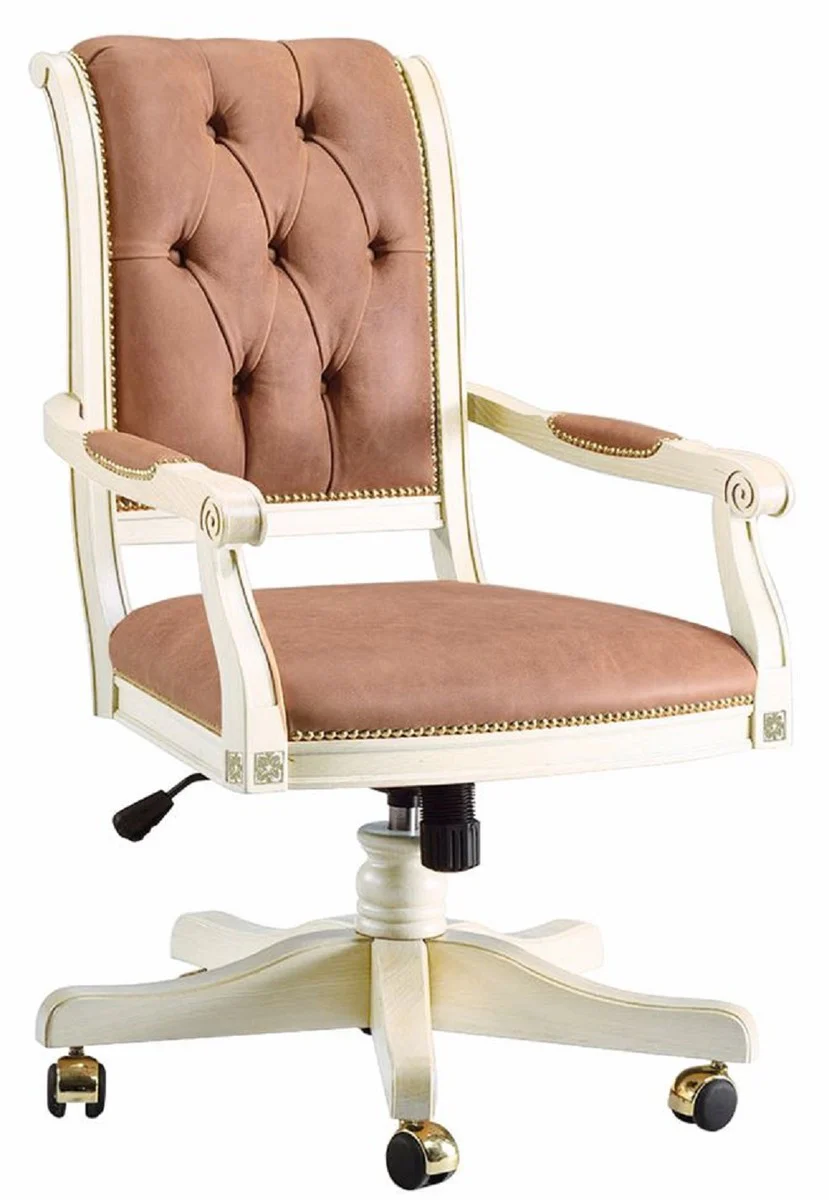 Luxus Barock Chesterfield Schreibtischstuhl Hellbraun / Weiß / Gold - Höhenverstellbarer Barockstil Bürostuhl - Barock Büro Möbel - Luxus Qualität - Made in Italy