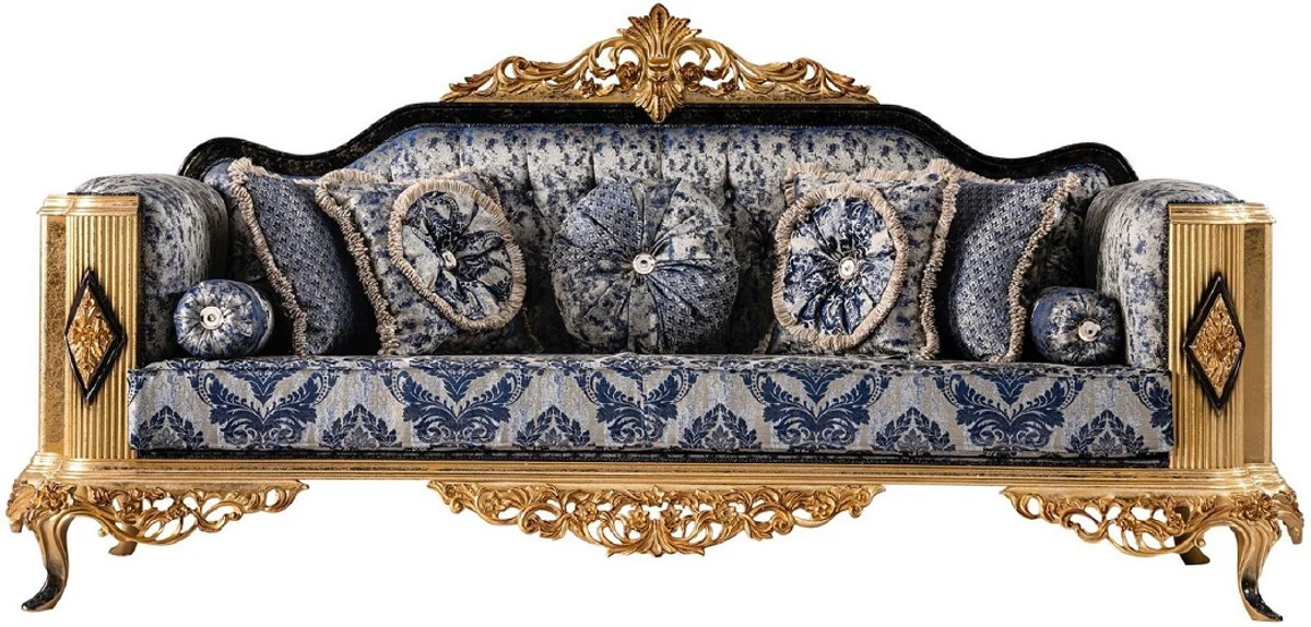 Luxus Barock Wohnzimmer Set Blau / Schwarz / Gold - 2 Barock Sofas & 2 Barock Sessel & 1 Barock Couchtisch - Luxus Wohnzimmer Möbel im Barockstil - Barock Möbel - Edel & Prunkvoll