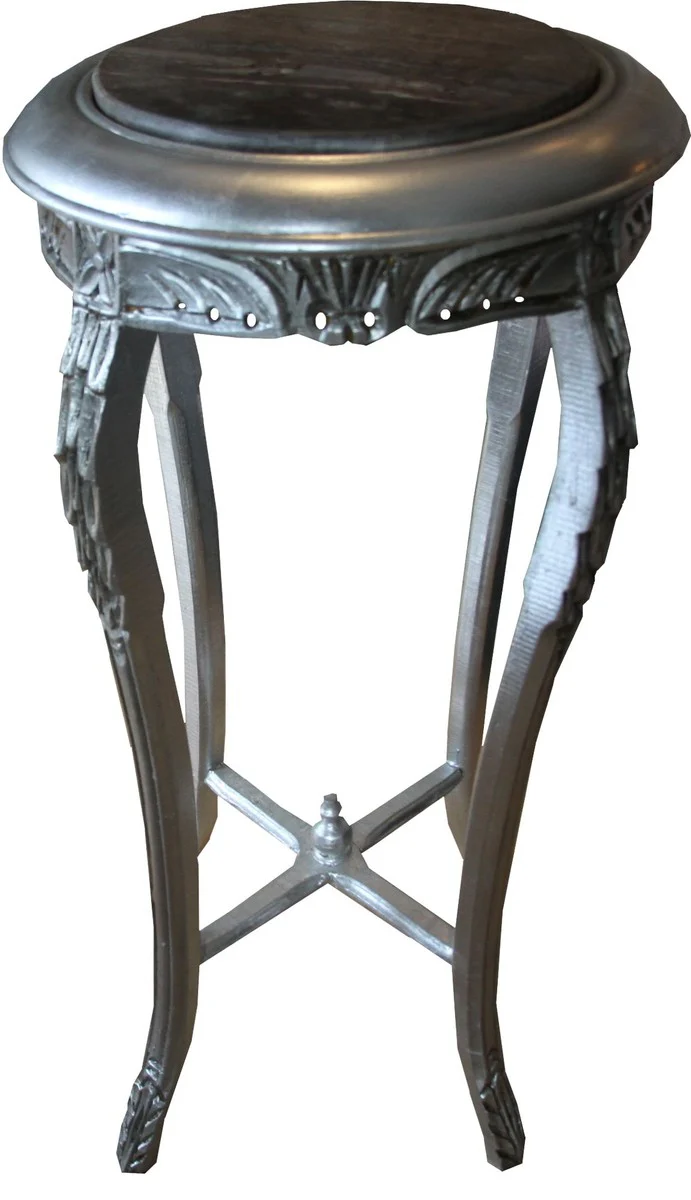 Barock Beistelltisch Rund Silber / Schwarz mit Marmorplatte 42 cm x H. 92 cm Antik Stil