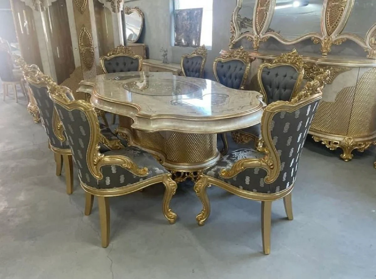 Luxus Barock Esstisch Mehrfarbig / Gold - Prunkvoller Massivholz Esszimmertisch im Barockstil - Barock Esszimmer Möbel - Luxus Esszimmer Möbel im Barockstil - Edel & Prunkvoll