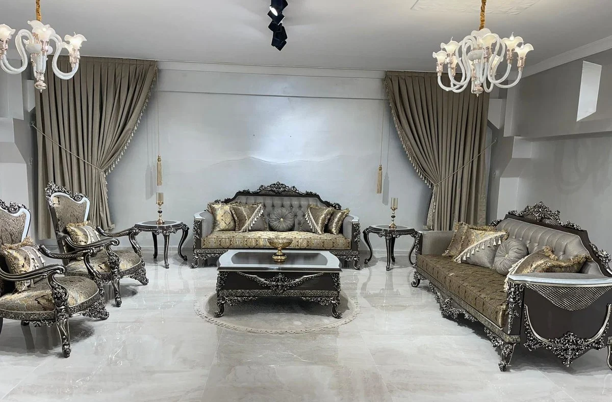 Luxus Barock Beistelltisch Schwarz / Weiß / Silber - Handgefertigter Massivholz Tisch im Barockstil - Luxus Wohnzimmer Möbel im Barockstil - Barock Möbel - Edel & Prunkvoll