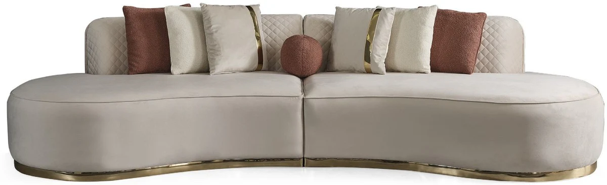 Luxus Samt 4er Sofa Creme / Gold 330 x 120 x H. 76 cm - Wohnzimmer Sofa mit edlem Samtstoff - Wohnzimmer Möbel - Luxus Möbel - Wohnzimmer Einrichtung - Luxus Einrichtung