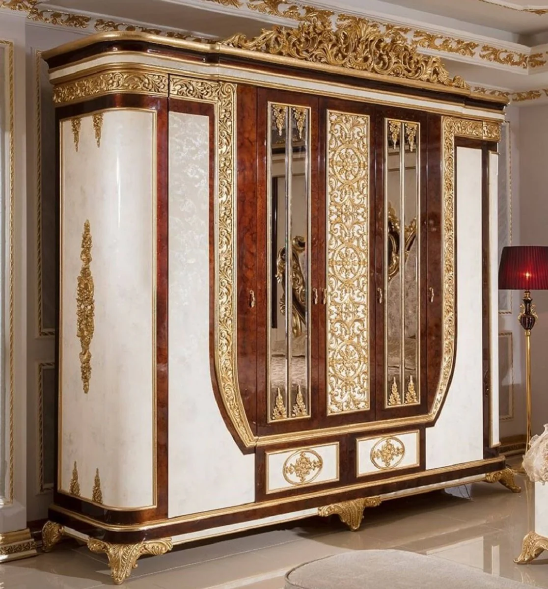 Luxus Barock Schlafzimmerschrank Weiß / Braun / Gold - Prunkvoller Massivholz Kleiderschrank im Barockstil - Barock Schlafzimmer & Hotel Möbel - Edel & Prunkvoll
