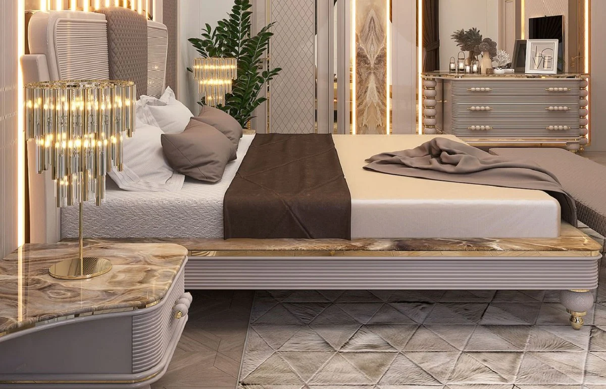 Luxus Art Deco Nachttisch Set Grau / Weiß / Gold 75 x 50 x H. 48 cm - Prunkvolle Massivholz Nachtkommoden - Art Deco Schlafzimmer & Hotel Möbel - Luxus Kollektion