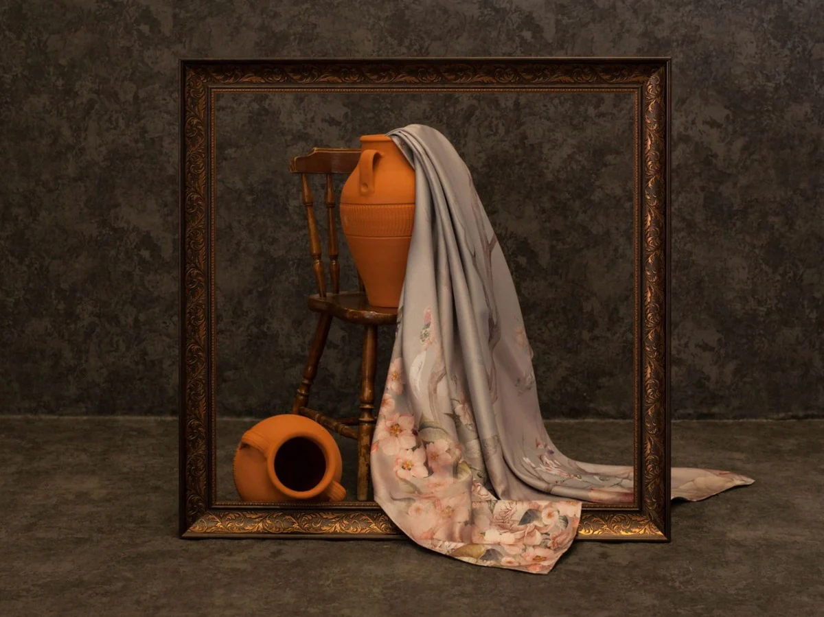 Luxus Vorhang Set Vögel im Wald Hellgrau / Mehrfarbig 250 x H. 290 cm - Bedruckte Leinen & Samt Vorhänge - Ösenvorhänge - Schiebevorhänge - Luxus Qualität