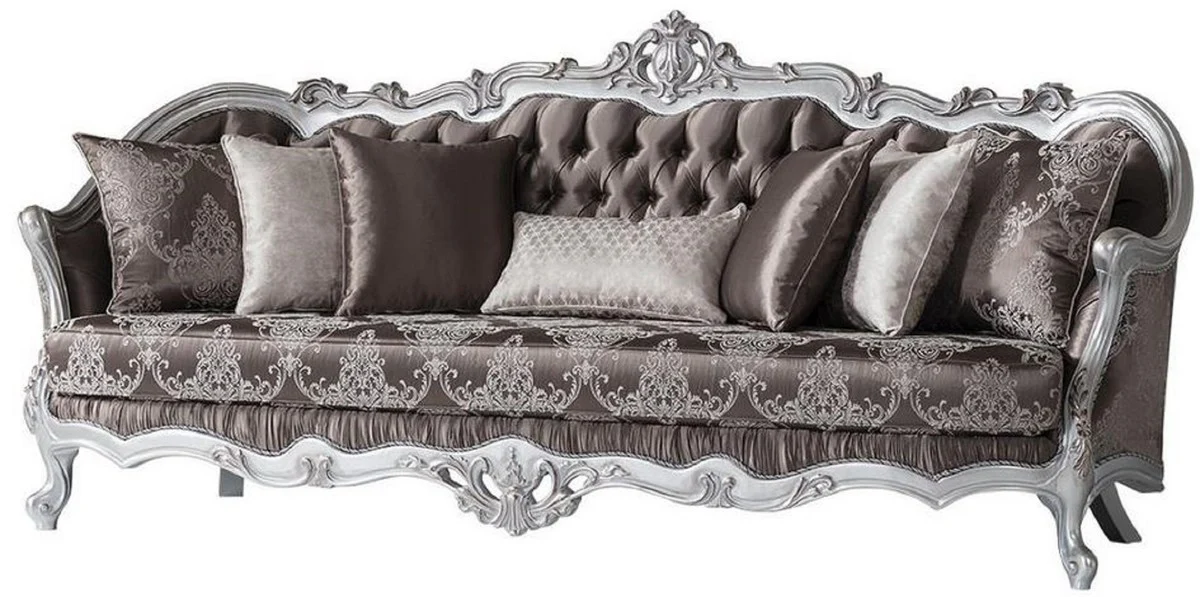 Luxus Barock Sofa Bronzefarben / Silber 262 x 90 x H. 113 cm - Prunkvolles Wohnzimmer Sofa mit dekorativen Kissen - Barock Möbel