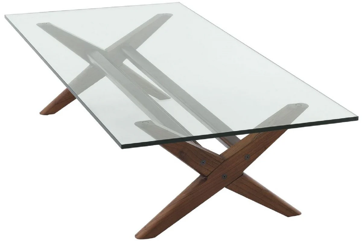 Luxus Couchtisch Braun 160 x 80 x H. 40,5 cm - Rechteckiger Massivholz Wohnzimmertisch mit Glasplatte - Luxus Wohnzimmer Möbel