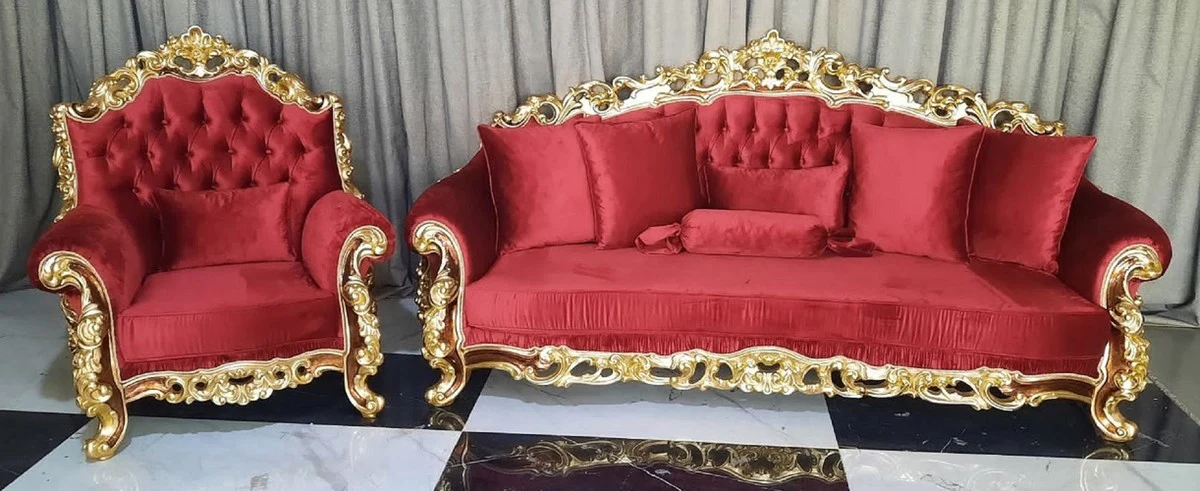Luxus Barock Wohnzimmer Set Rot / Braun / Gold - 2 Barock Sofas & 2 Barock Sessel - Luxus Wohnzimmer Möbel im Barockstil - Barock Möbel - Barock Einrichtung - Wohnzimmer Einrichtung