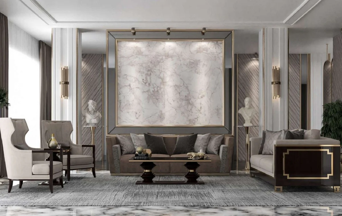 Luxus Art Deco Sofa Hellgrau / Dunkelbraun Hochglanz / Gold - Handgefertigtes Massivholz Wohnzimmer Sofa mit edlem Samtsoff - Luxus Qualität - Art Deco Möbel