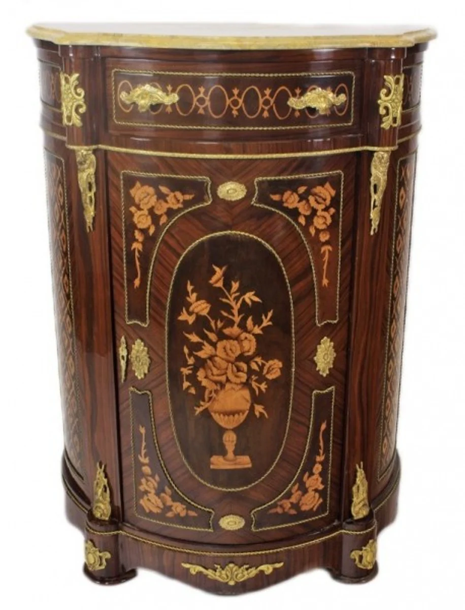 Empire Kommoden Schrank mit Marmorplatte Mahagoni Dunkelbraun Intarsien - Barock Möbel Kommode