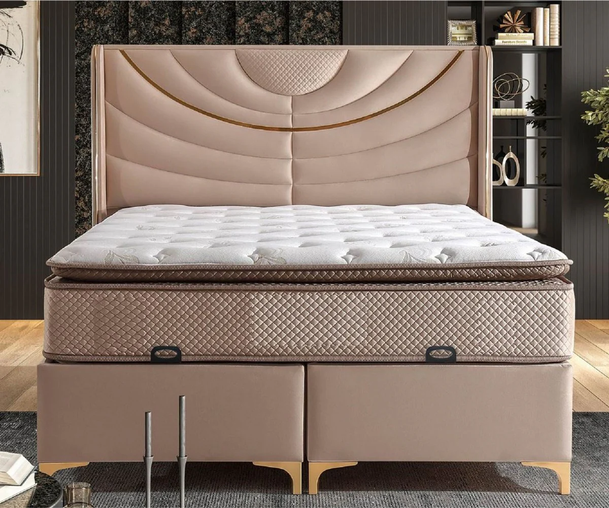 Luxus Doppelbett Beige / Gold - Verschiedene Größen - Massivholz Bett mit Kopfteil und Matratze - Schlafzimmer Möbel - Hotel Möbel - Luxus Möbel
