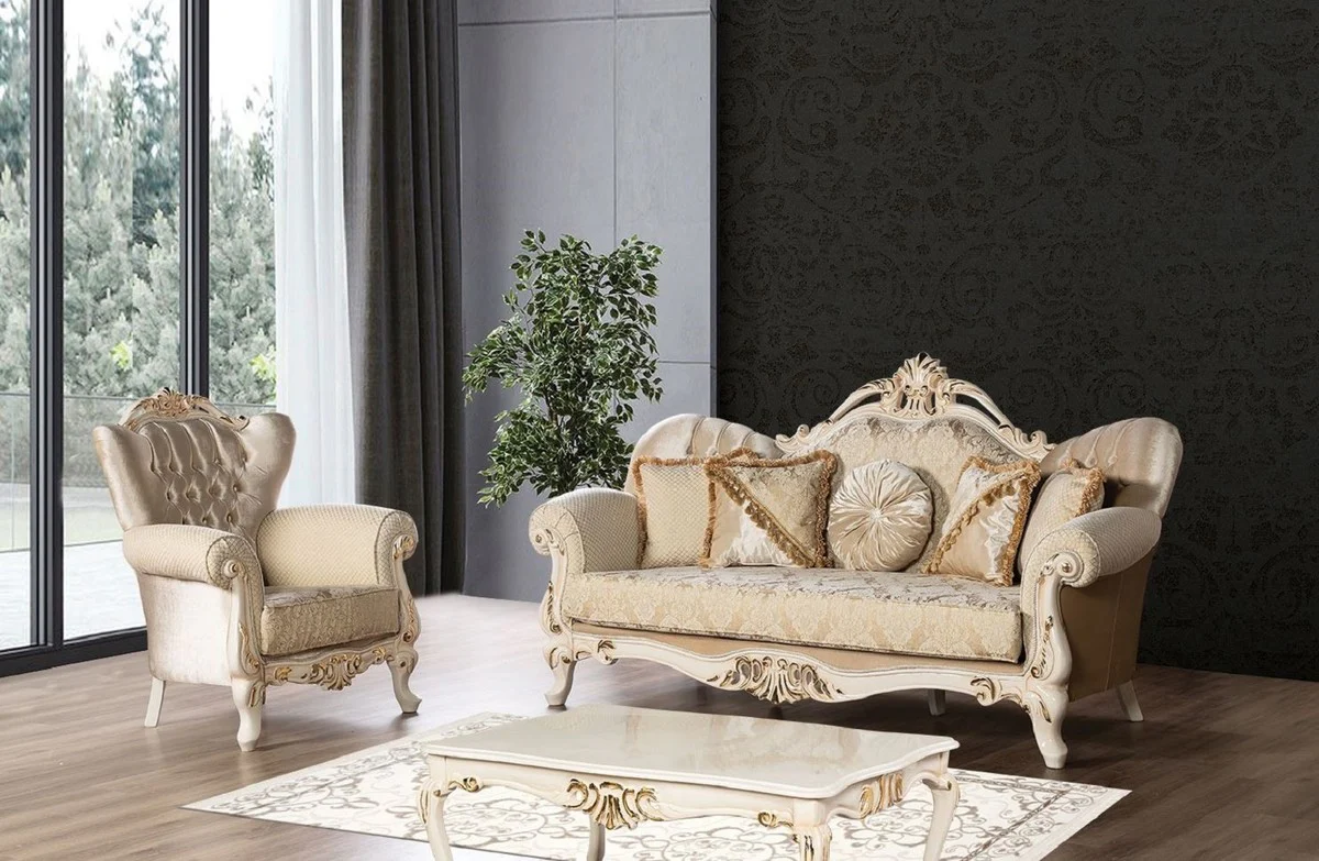 Luxus Barock Sofa Gold / Creme / Gold - Prunkvolles Wohnzimmer Sofa mit Muster - Barock Wohnzimmer Möbel - Edel & Prunkvoll