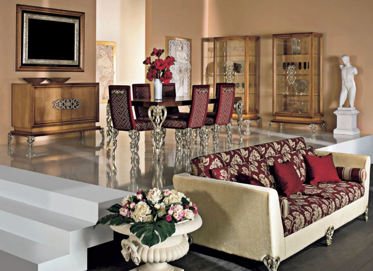 Luxus Barock Esszimmer Set Braun / Bordeauxrot / Antik Silber - 1 Barock Esstisch & 6 Barock Esszimmerstühle - Luxus Esszimmer Möbel im Barockstil - Luxus Qualität - Made in Italy