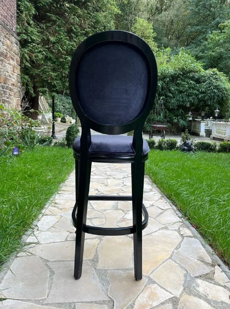Barock Barstuhl Schwarz - Prunkvoller Barockstil Massivholz Barhocker mit edlem Samtstoff - Barock Bar Möbel
