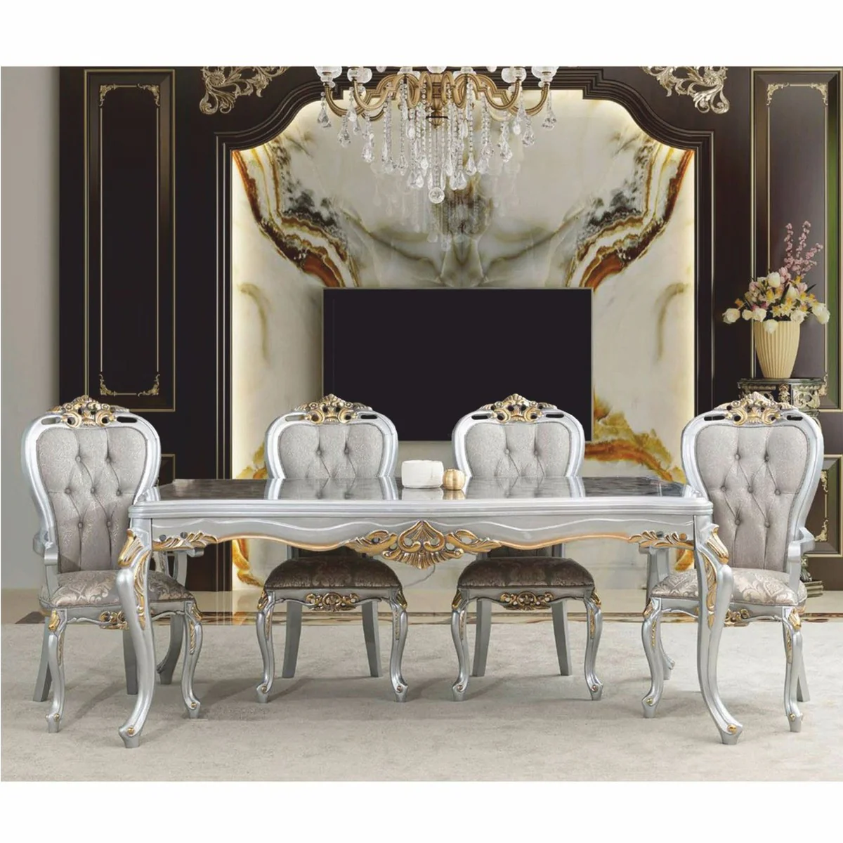 Luxus Barock Esszimmer Stuhl 6er Set Grau / Silber / Gold - Barock Esszimmer Möbel