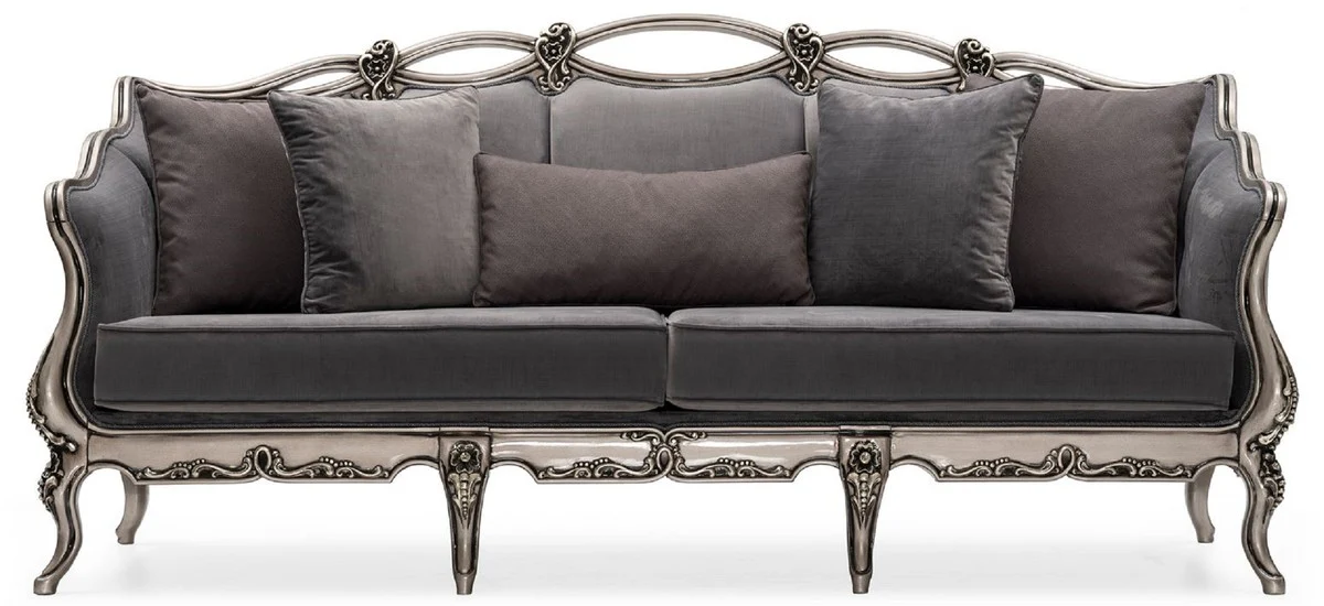 Luxus Barock Wohnzimmer Sofa Grau / Silber - Handgefertigtes Barockstil Sofa mit dekorativen Kissen - Luxus Wohnzimmer Möbel im Barockstil - Barock Möbel - Edel & Prunkvoll