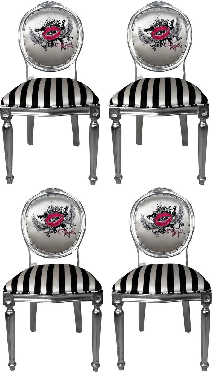 Pompöös by Luxus Barock Esszimmerstühle Pink Lips Schwarz / Weiß Streifen / Silber - Pompööse Barock Stühle designed by Harald Glööckler - 4 Esszimmerstühle