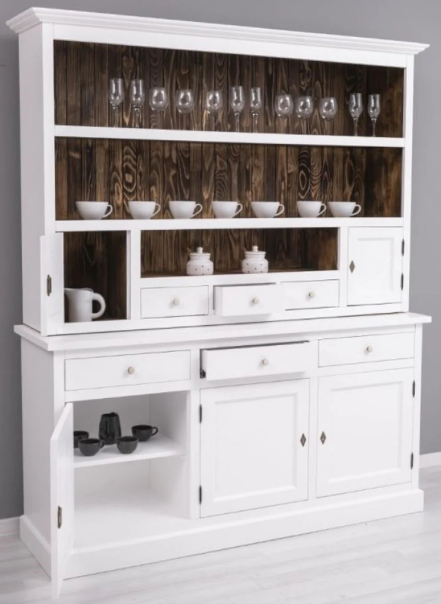 Landhausstil Esszimmerschrank Weiß / Dunkelbraun 179 x 50 x H. 210 cm - Massivholz Küchenschrank - Esszimmer Möbel im Landhausstil - Landhausstil Esszimmer Einrichtung