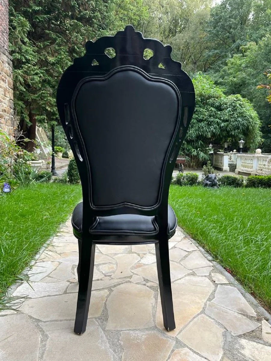 Luxus Barock Esszimmer Stuhl Schwarz - Handgefertigter Antik Stil Stuhl mit edlem Kunstleder - Prunkvolle Esszimmer Möbel im Barockstil