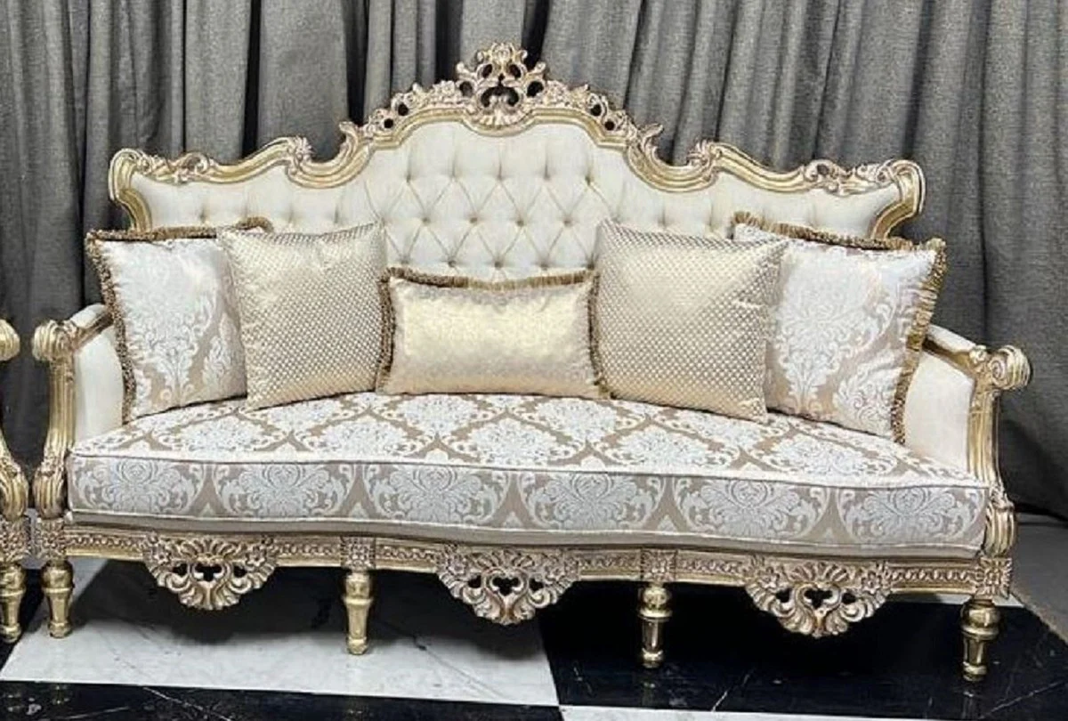 Luxus Barock Wohnzimmer Sofa Creme / Weiß / Gold 230 cm - Barock Wohnzimmer Möbel