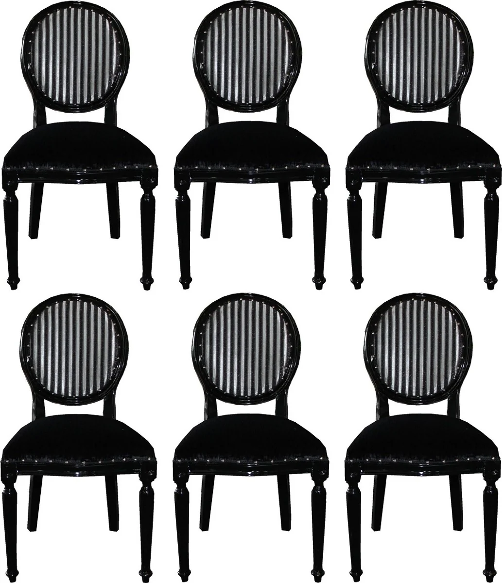 Luxus Barock Esszimmer Set Medaillon Schwarz / Silber 50 x 52 x H. 99 cm - 6 handgefertigte Esszimmerstühle - Barock Esszimmermöbel