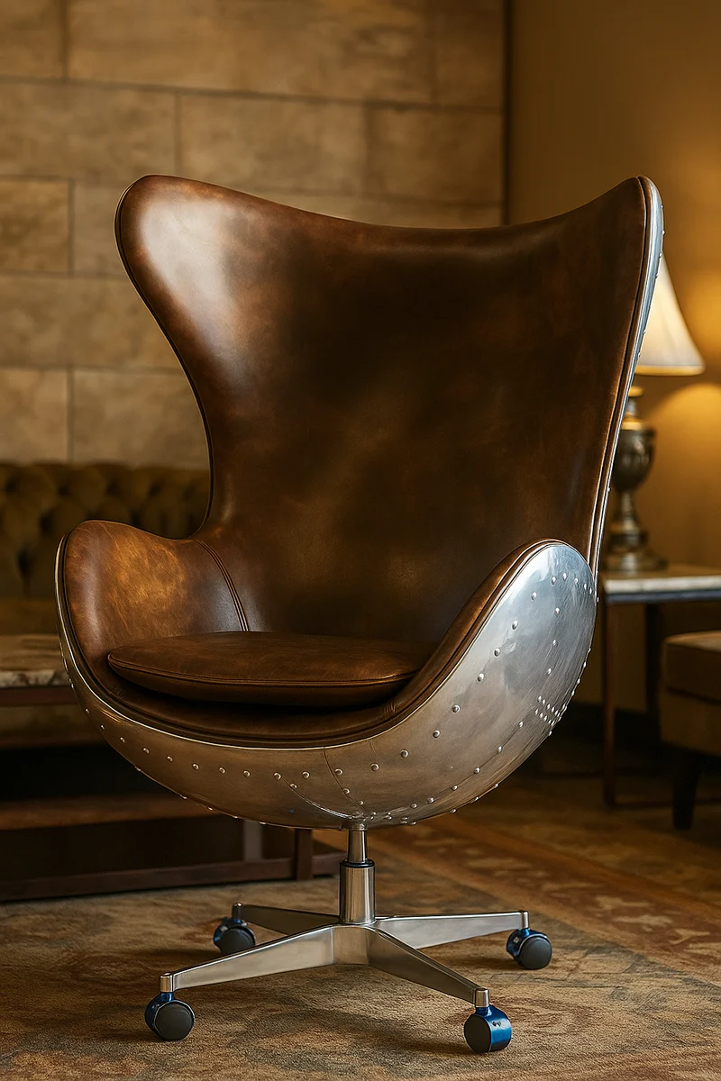 Echtleder Drehsessel Vintage Braun / Silber 85 x 78 x H. 112 cm - Leder Sessel in Eiform - Flugzeug Möbel - Flieger Möbel - Aluminium Möbel - Echtleder Möbel - Luxus Möbel