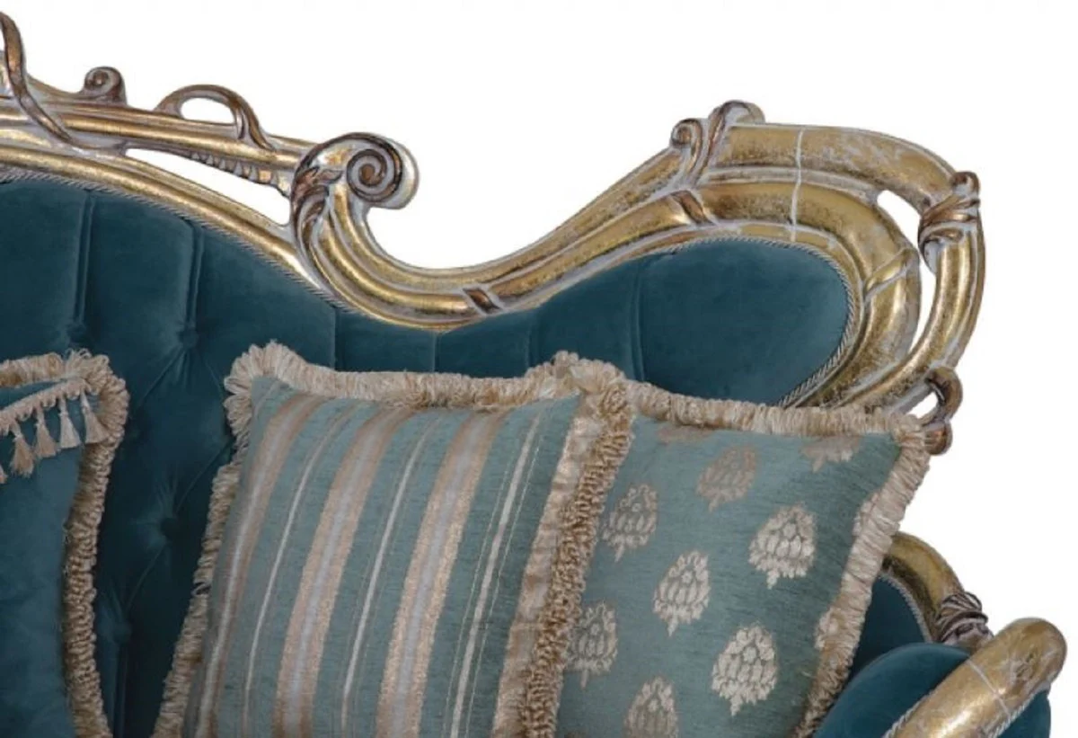 Luxus Barock Sofa Blau / Gold - Handgefertigtes Barockstil Wohnzimmer Sofa mit elegantem Muster - Barock Wohnzimmer Möbel