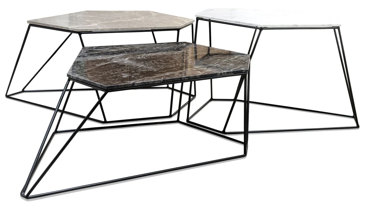 Designer Couchtisch Set Weiß / Grau / Schwarz - Luxus Wohnzimmermöbel